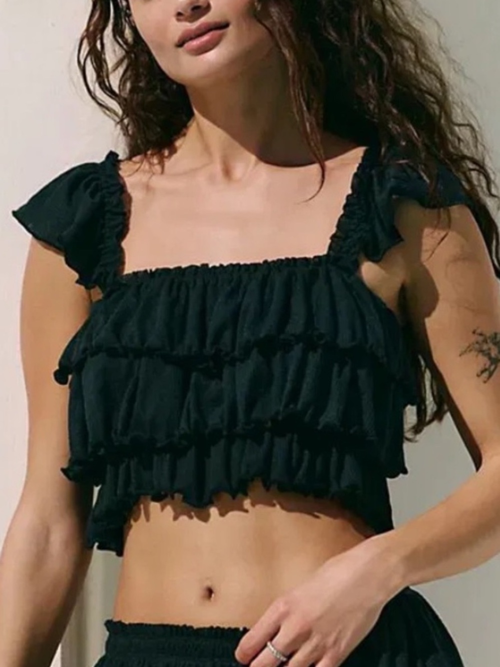Free People Black Ruffled Tiered Crop Top Womens Size Small Boho,Festival,Grunge